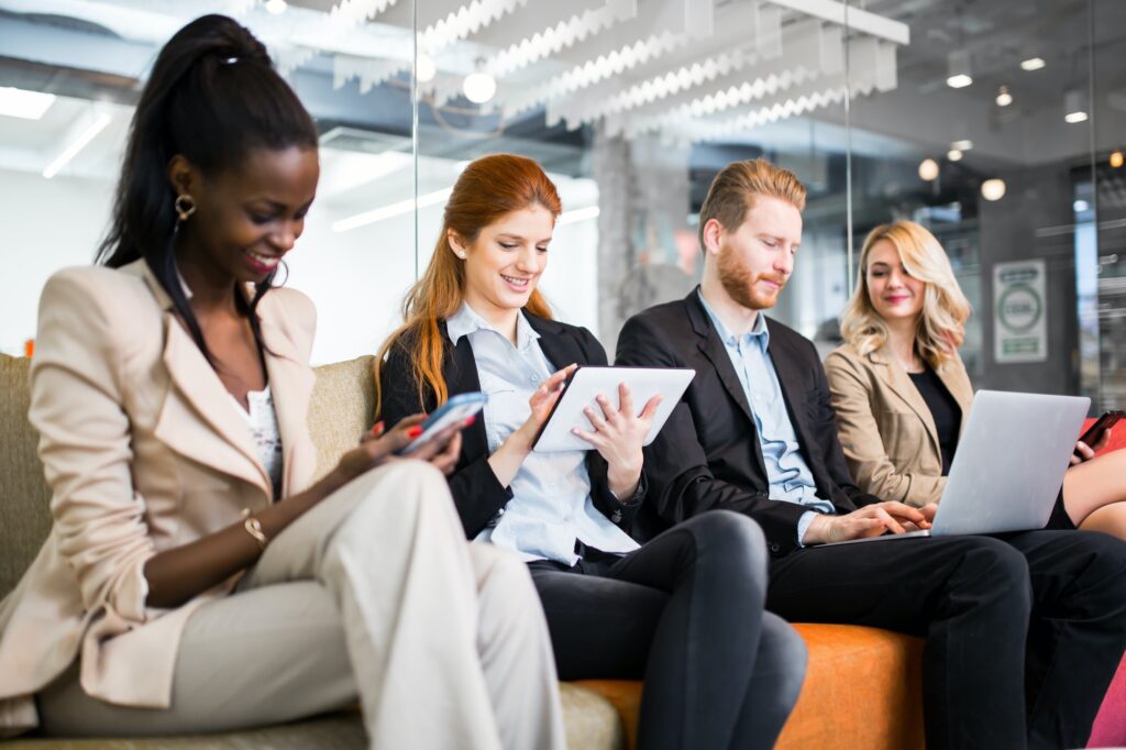 Business people conversation. Technology at hand
